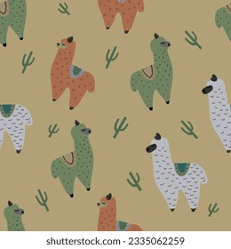 Llama vector seamless pattern with cactus. Cute cartoon llama.