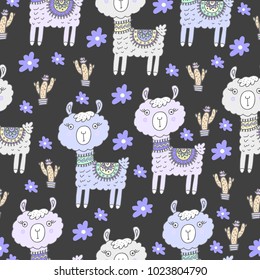 Llama vector seamless pattern. Childish background with cute llama, cacti and flowers. Perfect for kids designs.