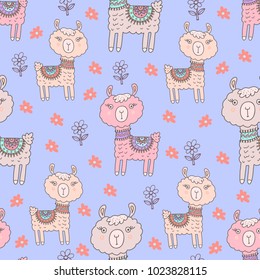 Llama vector seamless pattern. Childish background with cute llama and flowers. Perfect for kids designs.