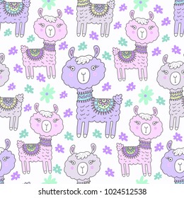 Llama vector seamless pattern. Childish background with cute alpaca and flowers. Perfect for kids designs.