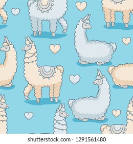 Llama, vector seamless pattern, cute design with hearts