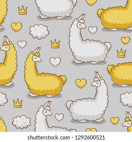 Llama, vector seamless pattern, cute design with hearts