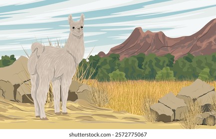 A llama walks along a sandy road at the foot of a mountain range.  Realistic vector landscape