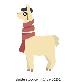 Llama wearing a beret, monocle and scarf vector illustration on white background