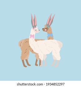 Llama wearing easter bunny ears on the blue background. Vector illustration