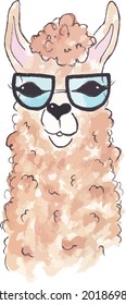 Llama wearing glasses illustration, Brown llama clipart, Cute alpaca illustration, Animal portrait, Watercolor llama, hand painted llama, smart alpaca