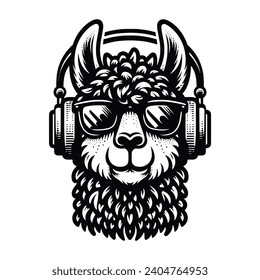 llama wearing headphones funny vector music illustration