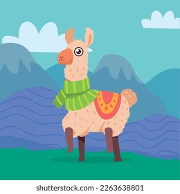 llama wearing scarff in landscape scene