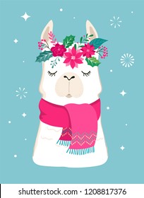 Llama winter illustration, cute design for nursery, poster, Merry christmas, birthday greeting card