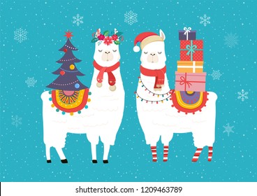 Llama winter illustration, cute design for nursery, poster, Merry christmas, birthday greeting card