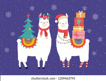 Llama winter illustration, cute design for nursery, poster, Merry christmas, birthday greeting card