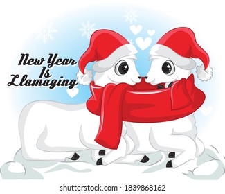 Llama winter illustration, cute design for nursery, poster, Merry christmas, birthday greeting card