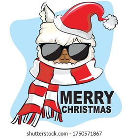 Llama winter illustration with santa hat, cute design for nursery, poster, Merry christmas, birthday greeting card