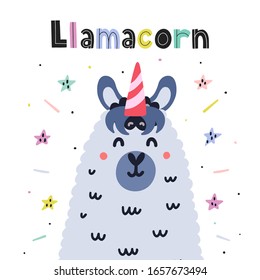 Llamacorn cute card. Funny print with llama - unicorn. Colorful background for kids. Vector illustration