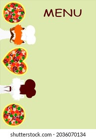 Llamas, alpacas in chef's hats. Pizza in the shape of a heart.Ingredients: sausage, tomatoes, onions, mushrooms.The inscription: "Menu".Template, sample menu for a restaurant,pizzeria.Pizza Day