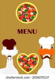 Llamas, alpacas in chef's hats. Pizza in the shape of a heart.Ingredients: sausage, tomatoes, onions, mushrooms.The inscription: "Menu".Template, sample menu for a restaurant,pizzeria.Pizza Day