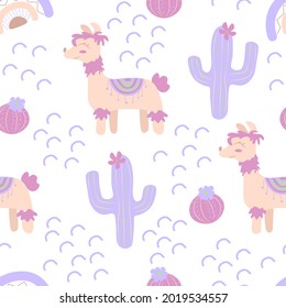 Llamas with cacti and arches. Seamless pattern with llamas and cactuses on a white background. Hand drawn child pattern