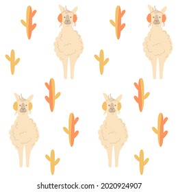 Llamas and cacti on a white background seamless pattern. Vector illustration for wrapping paper and fabric.