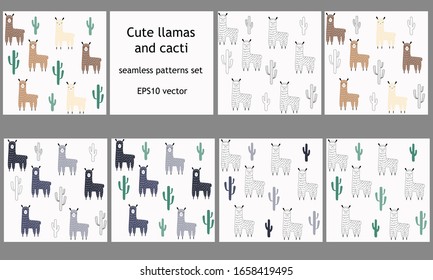 Llamas and cacti seamless patterns. Beige, gray and outline alpacas with green and gray Succulents. Hand-drawn animals and plants in natural colors in Scandinavian style. Stock vector illustration.