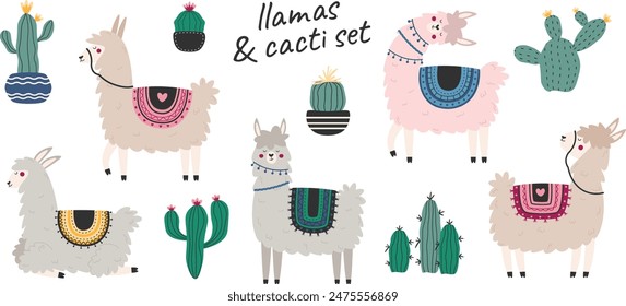 Llamas and cacti set. A colorful set of animal and plant stickers. 
