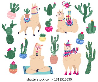 Llamas and cactus. Mexican cute alpaca with desert plants, funny peruvian llama characters with succulents and cactus vector illustration set. Animal wearing winter hat and scarf, carrying gift boxes