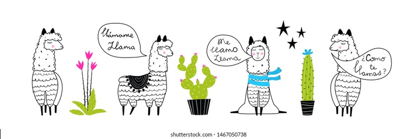 Llamas and cactus outline set hand drawn trendy cartoon design. Speaking Spanish: What is your name? My name is Llama.  Green cacti and black outline llama animals. Vector drawing.