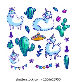 Llamas characters hand drawn vector color illustrations set. Cartoon llamacorn, cactus, mexican hat, festive decorations. Lama, alpaca, sheep doodle cliparts collection. Mexico culture design elements