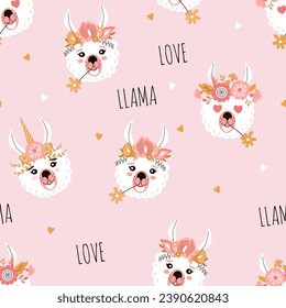 Llamas in flower crowns and text seamless pattern. Creative childrens texture. Great for fabric, textile vector illustration