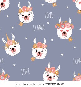 Llamas in flower crowns and text seamless pattern. Creative childrens texture. Great for fabric, textile vector illustration