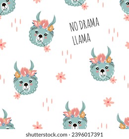 Llamas in flower crowns and text seamless pattern. Creative childrens texture. Great for fabric, textile vector illustration