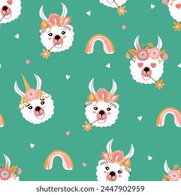 Llamas en coronas de flores y texto sin patrón. Textura creativa para niños. Ideal para tela, Ilustración vectorial textil. 