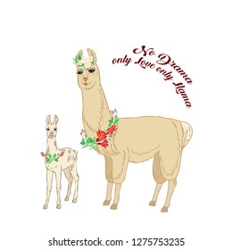 Llamas with flowers. Hand drawn animals sketches. Vector Illustration