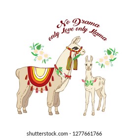  Llamas with flowers. Hand drawn animals sketches. Vector Illustration