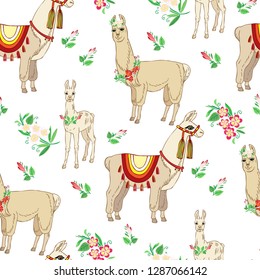  Llamas with flowers. Hand drawn seamless pattern with animals sketches. Vector Illustration