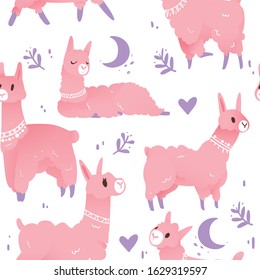 Llamas and hearts in pink and violet color, spring theme. simple plants, stars and hearts cute stylish textile pattern for kids and youth people, vector  eps 10 . Childish theme and trending colors