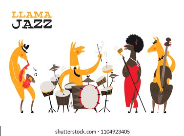 Llamas Jazz. Funny card with llamas jazz band. Llama sings into a golden microphone, llamas plays on the saxophone, double bass, snare drum. Print for fabric, t-shirt, poster, bag. Mid-century style.