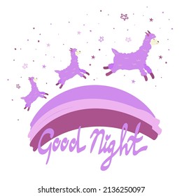 llamas jumping on the rainbow, drawn elements in cartoon style. Animals jumping on a rainbow against a white background. The lettering is handwritten. Stars, llamas and rainbow.