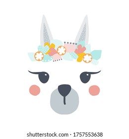 Llama's pretty face. Childish cute graphic. Vector hand drawn illustration.