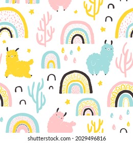 Llamas with rainbows, cacti seamless pattern. Cartoon colorful character in scandinavian style simple hand drawn childish style isolated on white background. Ideal for nursery, baby clothes, textiles