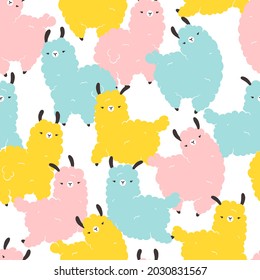 Llamas seamless pattern. Cartoon colorful character in scandinavian style simple hand drawn childish style isolated on white background. Ideal for nursery, baby clothes, textiles, fabrics, packaging