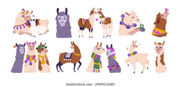 Llamas set. Different cute alpacas characters. Mother lama and her baby. Fluffy fashion animals in traditional mexican, peru clothes. Funny vicunas kiss. Flat isolated vector illustration on white