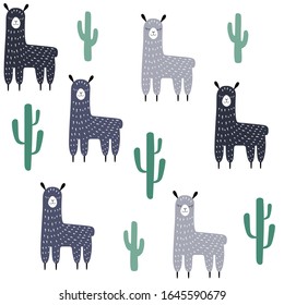 Llamas in shades of gray and green cacti seamless pattern. Scandinavian style simple cute hand-drawn succulents and alpacas. Stock vector isolated illustration.