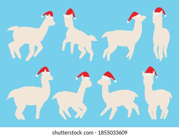 Llamas silhouette with Santa hat collection. Vector illustration set. Isolated on white background