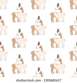 Llamas under mistletoe seamless pattern