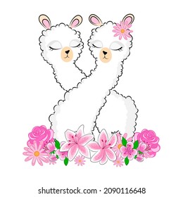 Llamas Valentine's Day wrap their necks A pair of cute lovers Llamas with closed eyes with cute eyelashes with flowers beautiful card Valentine's Day textile print Vector illustration