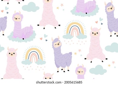 Llamas vector seamless pattern with rainbows and clouds on white color background. Cute cartoon personage llama. Nursery printable stuff. Alpaca Seamless Pattern. Children's, Textiles, Wallpapers