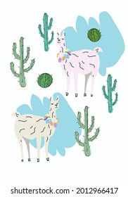 Llamas walk among cacti. Print in a summer style .A fun illustration for clothes at home