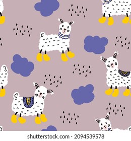 Llamas in yellow boots walking in the rain seamless pattern. Perfect for T-shirt, textile and print. Hand drawn vector illustration for decor and design.

