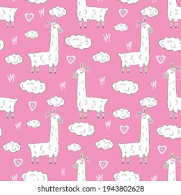 Llamas.A pattern with animal llamas and clouds on a pink background.For textiles, fabrics, backgrounds, packaging paper, wallpaper.