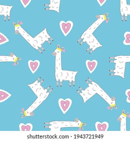 Llamas.A pattern with animal llamas and hearts on a blue background.For textiles, fabrics, backgrounds, packaging paper, wallpaper.